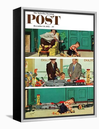 "New Toy Train" Saturday Evening Post Cover, December 19, 1953-Richard Sargent-Framed Premier Image Canvas