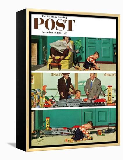 "New Toy Train" Saturday Evening Post Cover, December 19, 1953-Richard Sargent-Framed Premier Image Canvas