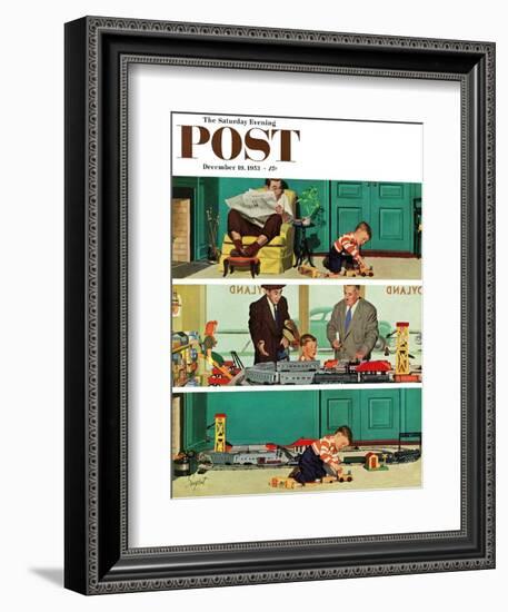 "New Toy Train" Saturday Evening Post Cover, December 19, 1953-Richard Sargent-Framed Giclee Print