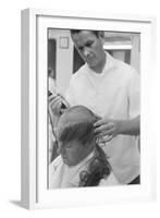 New U.S. Army draft recruit getting his hair cut by a barber, May 15 1967-Warren K. Leffler-Framed Photographic Print