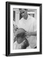 New U.S. Army draft recruit getting his hair cut by a barber, May 15 1967-Warren K. Leffler-Framed Photographic Print