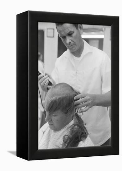 New U.S. Army draft recruit getting his hair cut by a barber, May 15 1967-Warren K. Leffler-Framed Premier Image Canvas