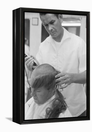 New U.S. Army draft recruit getting his hair cut by a barber, May 15 1967-Warren K. Leffler-Framed Premier Image Canvas