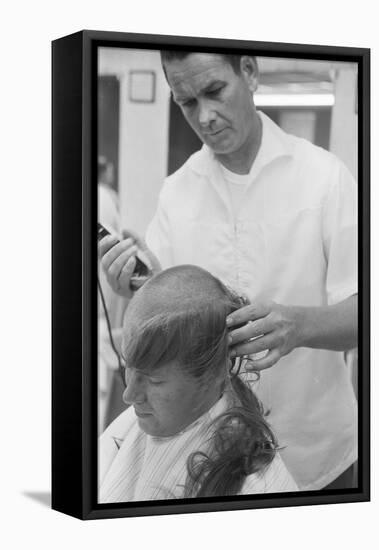 New U.S. Army draft recruit getting his hair cut by a barber, May 15 1967-Warren K. Leffler-Framed Premier Image Canvas