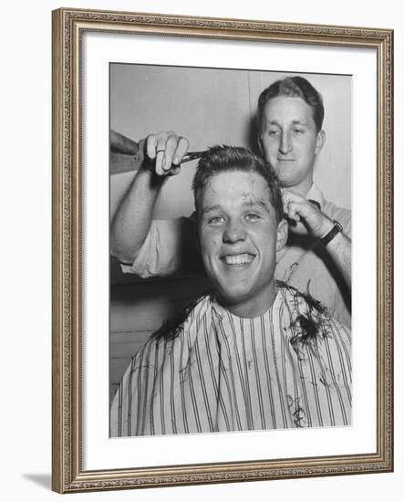 New US Sailor Getting a Haircut at the Great Lakes Naval Training Station-Bernard Hoffman-Framed Premium Photographic Print