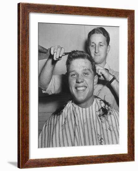 New US Sailor Getting a Haircut at the Great Lakes Naval Training Station-Bernard Hoffman-Framed Premium Photographic Print