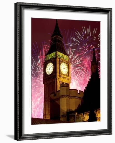 New Year Fireworks and Big Ben, Houses of Parliament, Westminster, London, England, United Kingdom,-Frank Fell-Framed Photographic Print