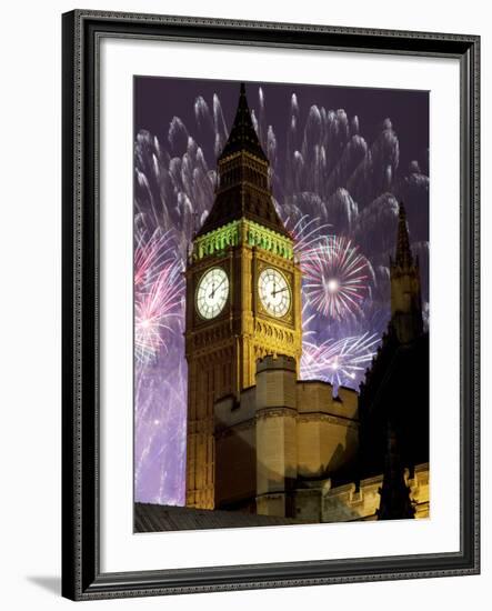 New Year Fireworks and Big Ben, Houses of Parliament, Westminster, London, England, United Kingdom,-Frank Fell-Framed Photographic Print