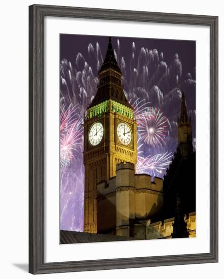 New Year Fireworks and Big Ben, Houses of Parliament, Westminster, London, England, United Kingdom,-Frank Fell-Framed Photographic Print