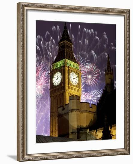 New Year Fireworks and Big Ben, Houses of Parliament, Westminster, London, England, United Kingdom,-Frank Fell-Framed Photographic Print