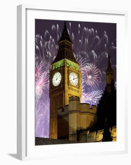 New Year Fireworks and Big Ben, Houses of Parliament, Westminster, London, England, United Kingdom,-Frank Fell-Framed Photographic Print