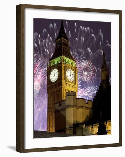 New Year Fireworks and Big Ben, Houses of Parliament, Westminster, London, England, United Kingdom,-Frank Fell-Framed Photographic Print