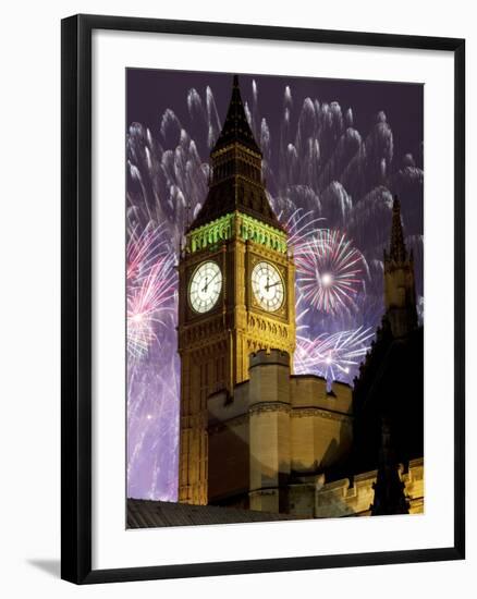 New Year Fireworks and Big Ben, Houses of Parliament, Westminster, London, England, United Kingdom,-Frank Fell-Framed Photographic Print