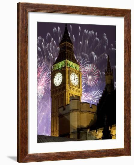 New Year Fireworks and Big Ben, Houses of Parliament, Westminster, London, England, United Kingdom,-Frank Fell-Framed Photographic Print