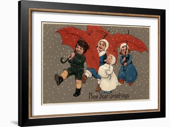 New Year Greetings - Little Kids with Umbrellas-Lantern Press-Framed Art Print