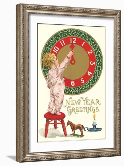 New Year Greetings, Victorian Boy with Clock-null-Framed Art Print