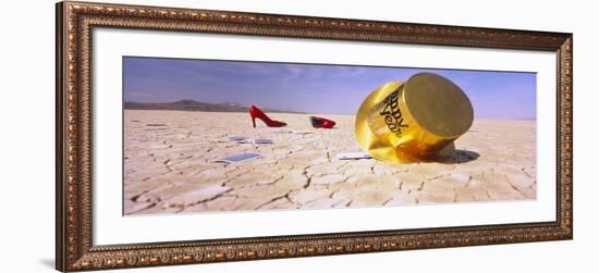New Year Hat and a Pair of Red Stilettos in a Desert, Black Rock Desert, Nevada, USA-null-Framed Photographic Print