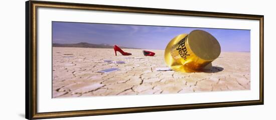 New Year Hat and a Pair of Red Stilettos in a Desert, Black Rock Desert, Nevada, USA-null-Framed Photographic Print