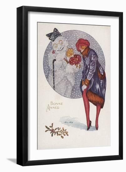 New Year's Card with a Girl and a Snowman (Colour Litho)-Xavier Sager-Framed Giclee Print