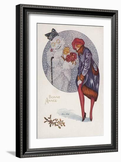 New Year's Card with a Girl and a Snowman (Colour Litho)-Xavier Sager-Framed Giclee Print