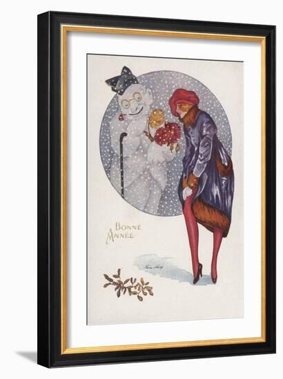 New Year's Card with a Girl and a Snowman (Colour Litho)-Xavier Sager-Framed Giclee Print