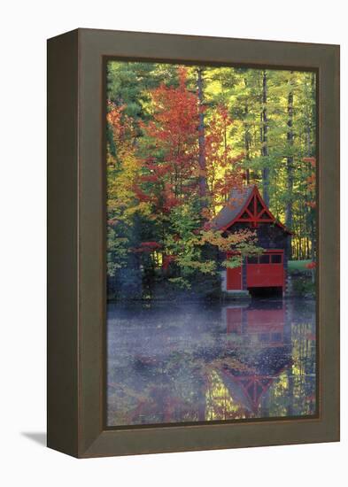 New York, Adirondack Mountains. Boathouse in Autumn Along the Lake-Jaynes Gallery-Framed Premier Image Canvas