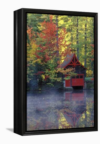 New York, Adirondack Mountains. Boathouse in Autumn Along the Lake-Jaynes Gallery-Framed Premier Image Canvas
