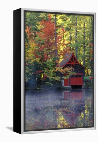 New York, Adirondack Mountains. Boathouse in Autumn Along the Lake-Jaynes Gallery-Framed Premier Image Canvas