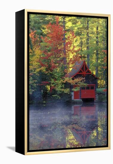 New York, Adirondack Mountains. Boathouse in Autumn Along the Lake-Jaynes Gallery-Framed Premier Image Canvas