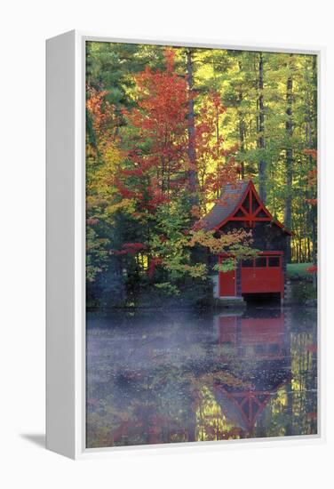 New York, Adirondack Mountains. Boathouse in Autumn Along the Lake-Jaynes Gallery-Framed Premier Image Canvas