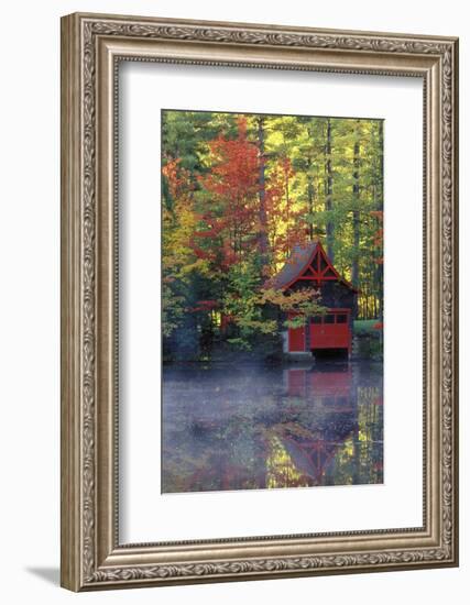 New York, Adirondack Mountains. Boathouse in Autumn Along the Lake-Jaynes Gallery-Framed Photographic Print