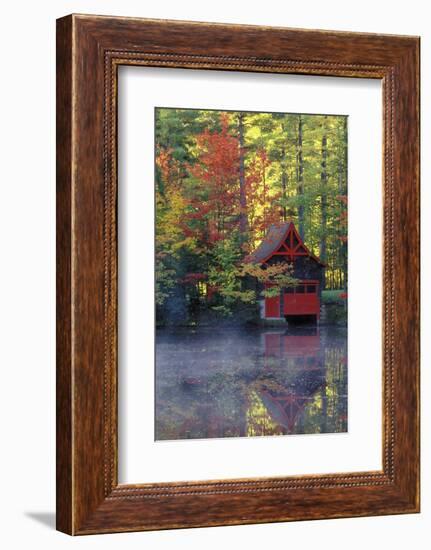 New York, Adirondack Mountains. Boathouse in Autumn Along the Lake-Jaynes Gallery-Framed Photographic Print