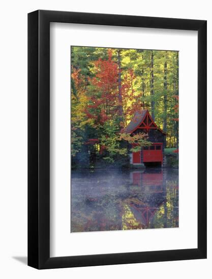 New York, Adirondack Mountains. Boathouse in Autumn Along the Lake-Jaynes Gallery-Framed Photographic Print