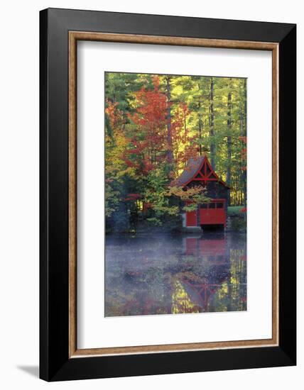 New York, Adirondack Mountains. Boathouse in Autumn Along the Lake-Jaynes Gallery-Framed Photographic Print