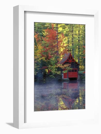 New York, Adirondack Mountains. Boathouse in Autumn Along the Lake-Jaynes Gallery-Framed Photographic Print