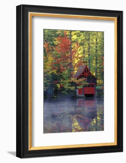 New York, Adirondack Mountains. Boathouse in Autumn Along the Lake-Jaynes Gallery-Framed Photographic Print