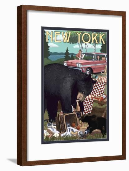 New York - Bear and Picnic Scene-Lantern Press-Framed Art Print