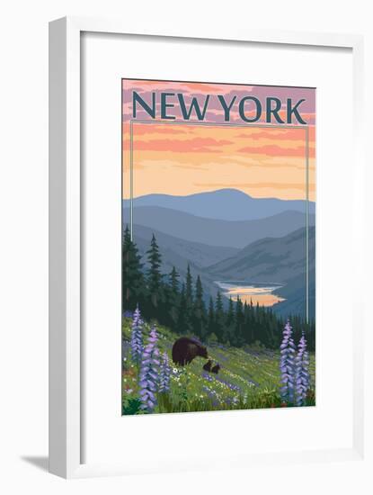 New York - Bear and Spring Flowers-Lantern Press-Framed Art Print