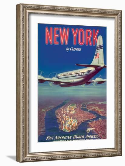 New York by Clipper - Pan American World Airways, Vintage Airline Travel Poster, 1950-Pacifica Island Art-Framed Art Print