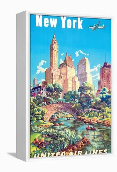 New York - Central Park - United Air Lines, Vintage Airline Travel Poster 1940s-Joseph Fehér-Framed Stretched Canvas