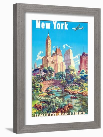 New York - Central Park - United Air Lines, Vintage Airline Travel Poster 1940s-Joseph Fehér-Framed Art Print