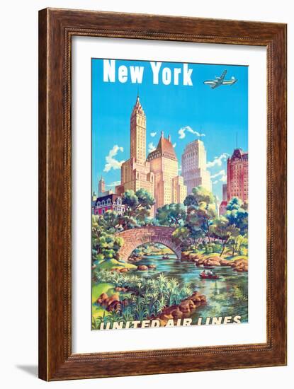 New York - Central Park - United Air Lines, Vintage Airline Travel Poster 1940s-Joseph Fehér-Framed Art Print