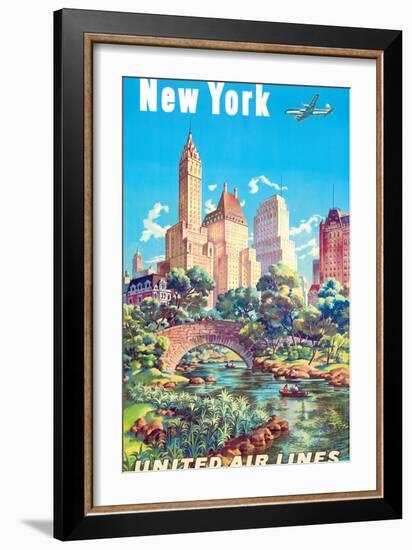 New York - Central Park - United Air Lines, Vintage Airline Travel Poster 1940s-Joseph Fehér-Framed Art Print