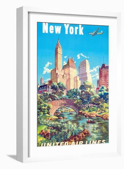 New York - Central Park - United Air Lines, Vintage Airline Travel Poster 1940s-Joseph Fehér-Framed Art Print