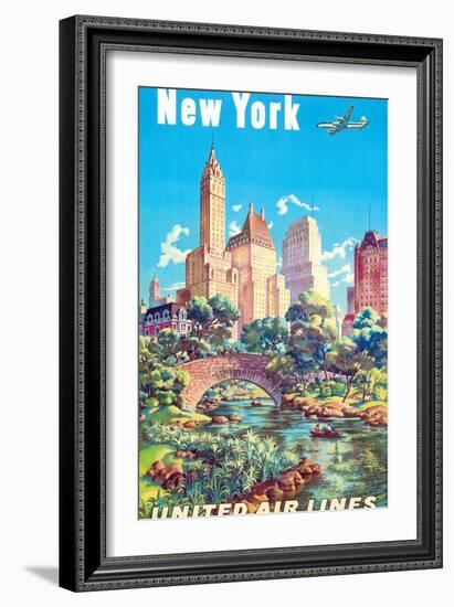 New York - Central Park - United Air Lines, Vintage Airline Travel Poster 1940s-Joseph Fehér-Framed Art Print