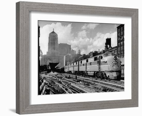 New York Central Passenger Train with a Streamlined Locomotive Leaving Chicago Station-Andreas Feininger-Framed Photographic Print