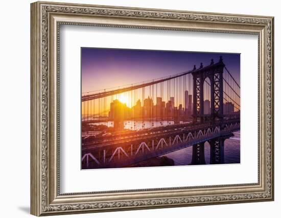 New York City - Beautiful Sunset over Manhattan with Manhattan and Brooklyn Bridge-dellm60-Framed Photographic Print