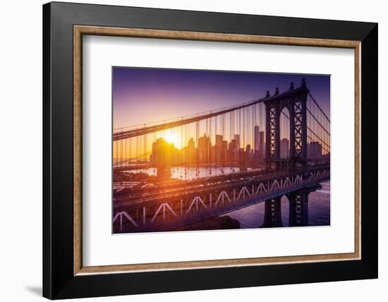 New York City - Beautiful Sunset over Manhattan with Manhattan and Brooklyn Bridge-dellm60-Framed Photographic Print