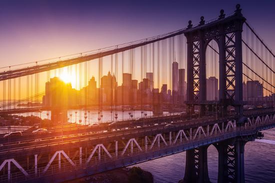New York City Beautiful Sunset Over Manhattan With Manhattan And Brooklyn Bridge Photographic Print Dellm60 Art Com
