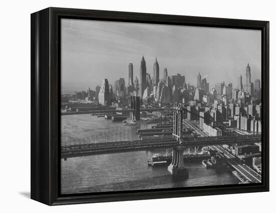 New York City Behind the Brooklyn and Manhattan Bridges That are Hovering over the East River-Dmitri Kessel-Framed Premier Image Canvas